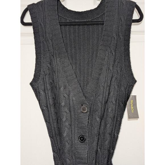 Style & Co Sweater Vest Midi Dress Womens Medium Black Cable Knit Button Belted - Picture 5 of 9